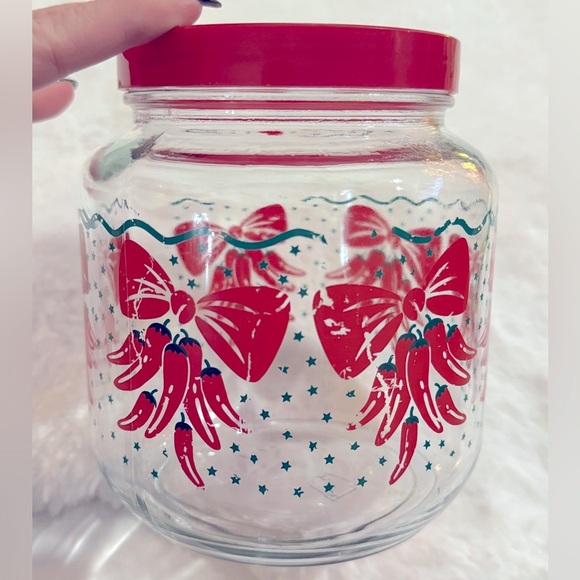 Vintage AGC Ribbon Bow Chili Peppers Red Floral Pattern Clear Glass Canister Jar - Picture 1 of 16